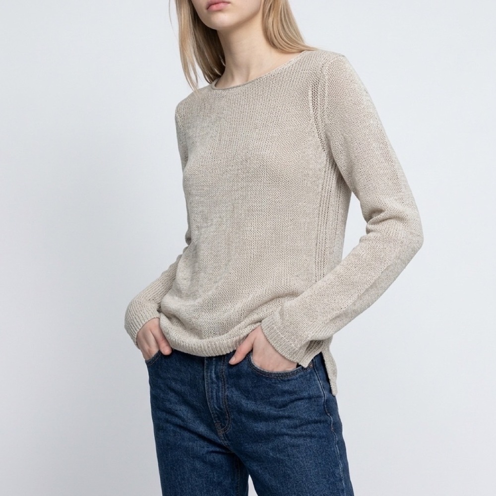 Vince 100% Linen Boatneck Sweater Women M Knit Long Sleeve Beige Fisherman